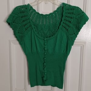 XOXO Cropped Cardigan Sweater Medium Crochet Ribbed Knit Green Top
